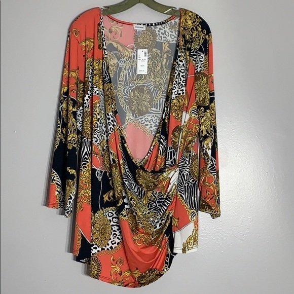 New Plus Miami Cross Over drape front Regal Chain print blouse 28 orange - Picture 1 of 8